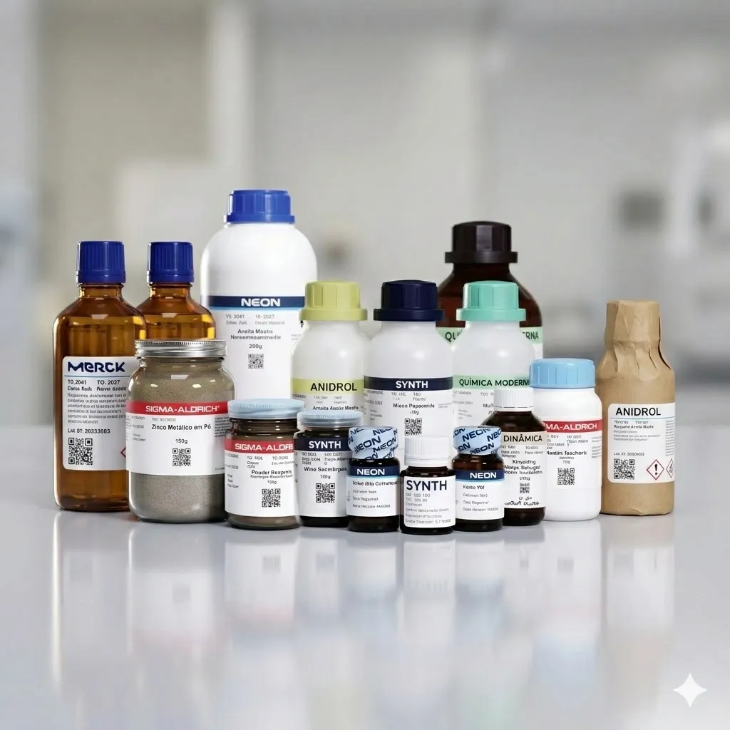 Frascos de reagentes laboratoriais acondicionados para embarque